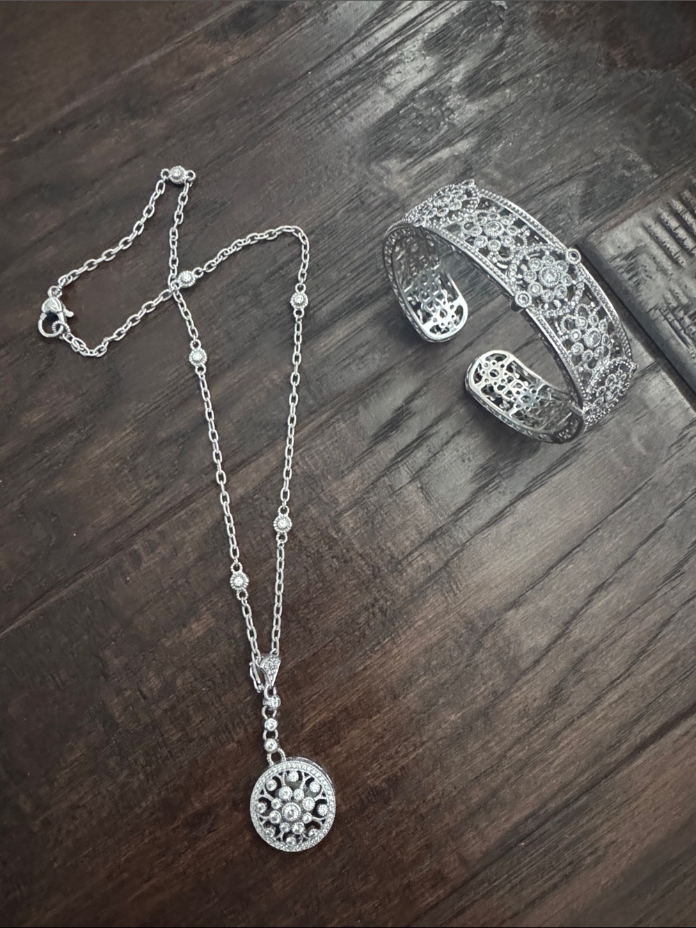 Vintage Judith Ripka 925 Filigree Pendant Necklace with Matching Filigree Cuff